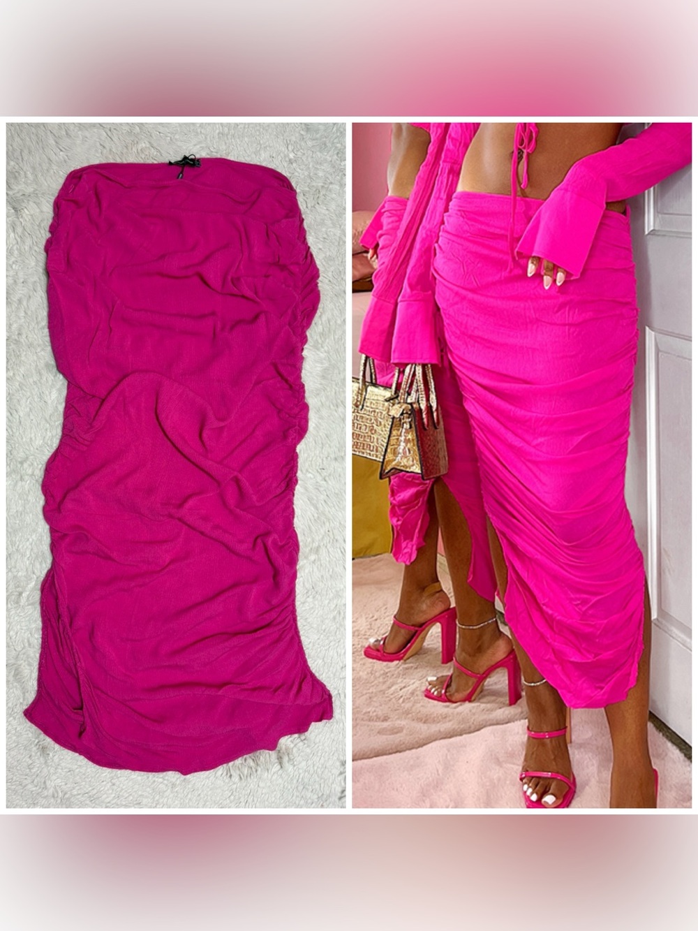 PrettyLittleThing Fuchsia Hot Pink Ruched Bodycon Midi Skirt Size 12 Large